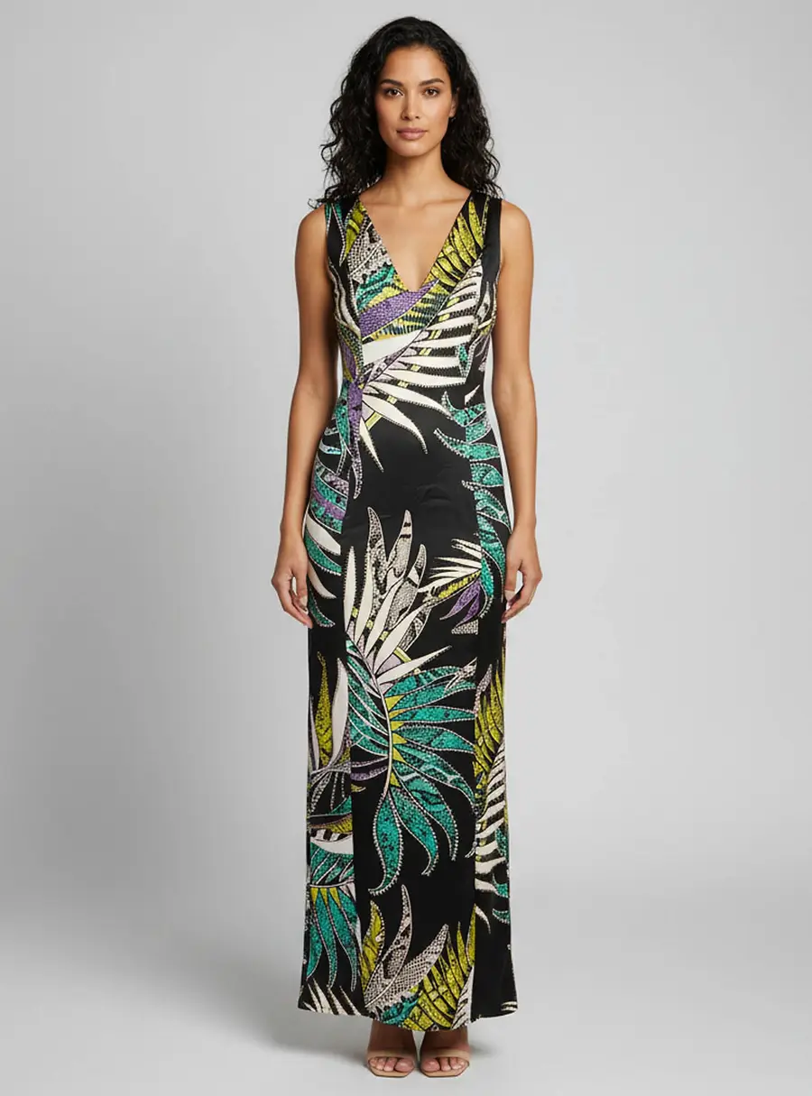 Just Cavalli Multicolor Tropical Snakeskin Print Satin Maxi Dress S