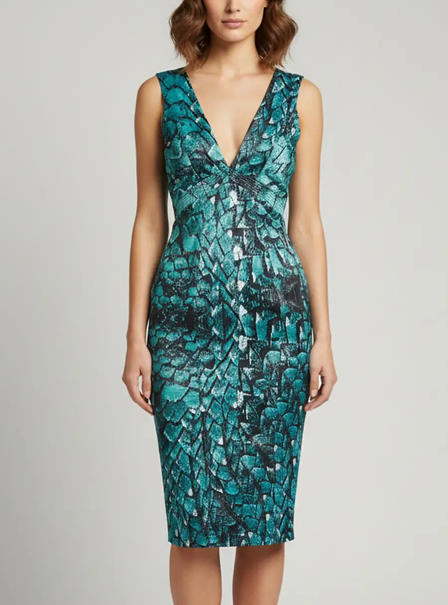 Just Cavalli Teal Python Scale Print Satin V-Neck Dress S