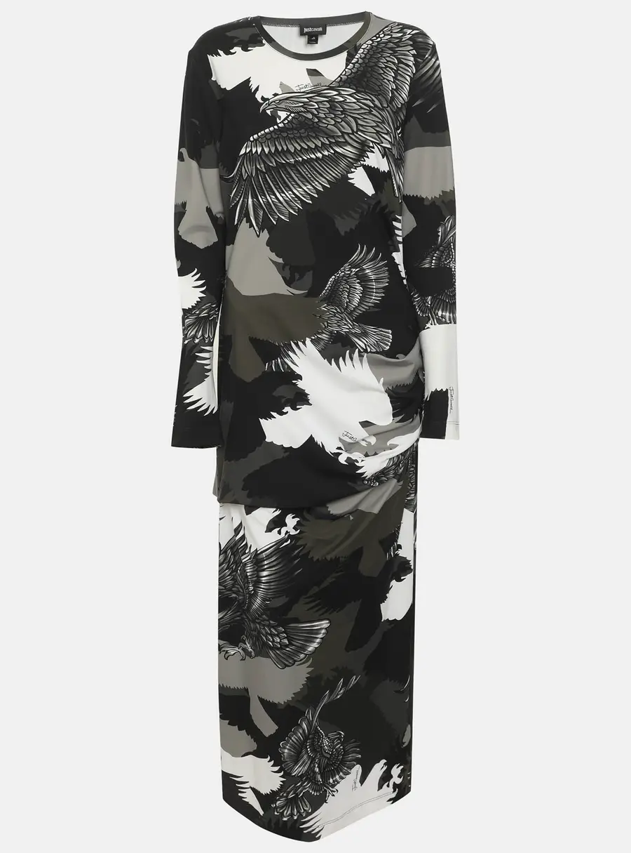 Just Cavalli Multicolor Eagle Printed Jersey Ruched Midi Dress L