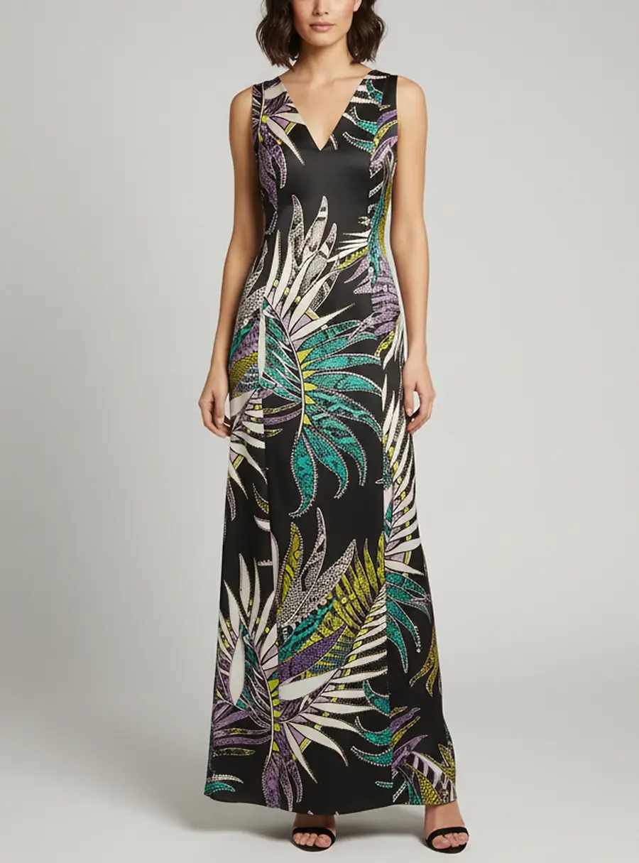 Just Cavalli Black Satin Leaf Snakeskin Print Satin Maxi Dress M