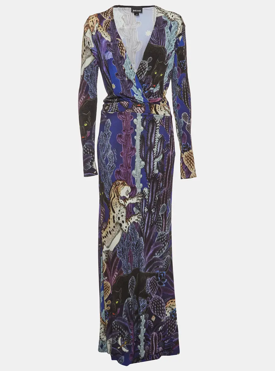Just Cavalli Purple Printed Jersey Long Sleeve Maxi Dress M