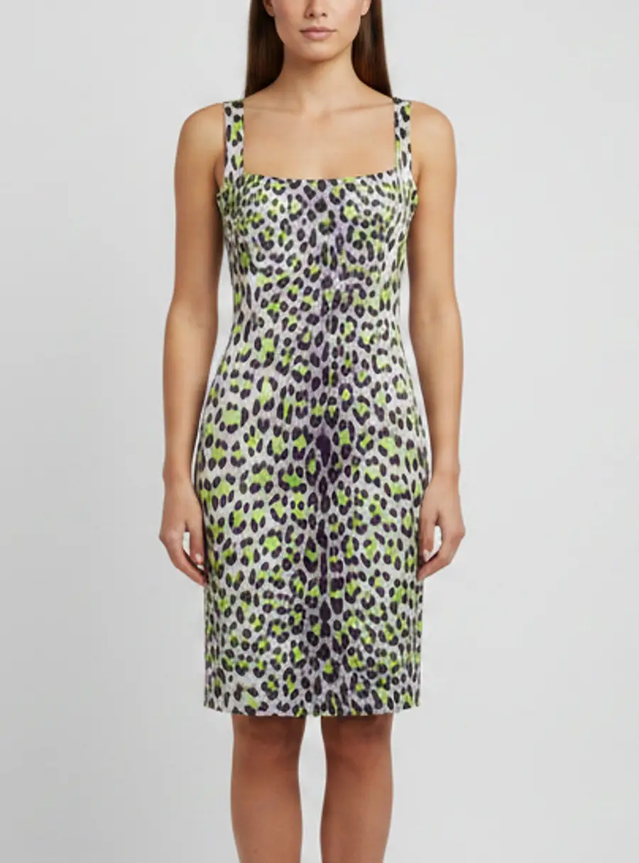 Just Cavalli Neon Leopard Print Stretch Cotton Sleeveless Mini Dress M