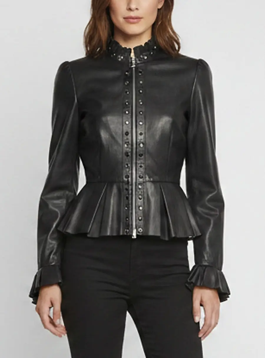 Just Cavalli Black Leather Embellished Zip Up Jacket M
