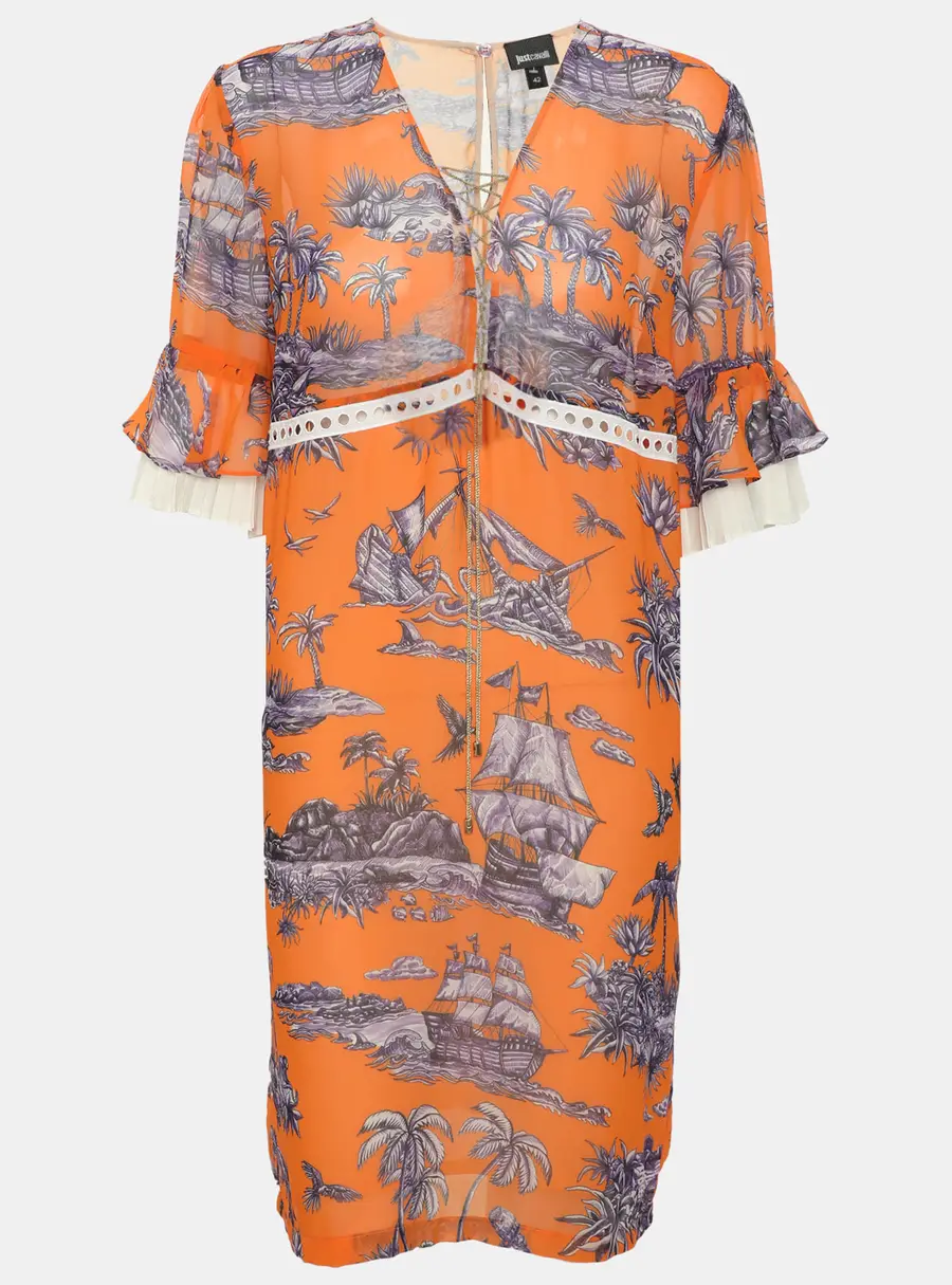 Just Cavalli Tropical Pirate Print Chiffon Ruffle Sleeve Shift Dress M