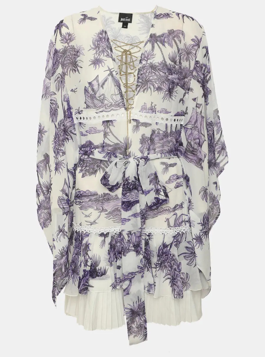 Just Cavalli White/Purple Tropical Palm Print Chiffon Ruffle Mini Dress M