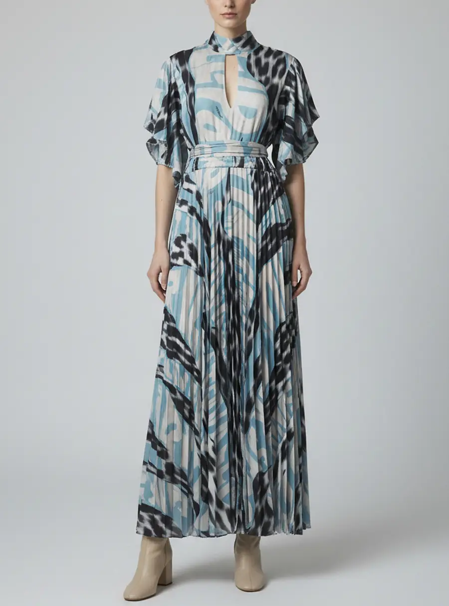 Just Cavalli Blue Logo Print Satin Neck Tie Maxi Dress XXXL