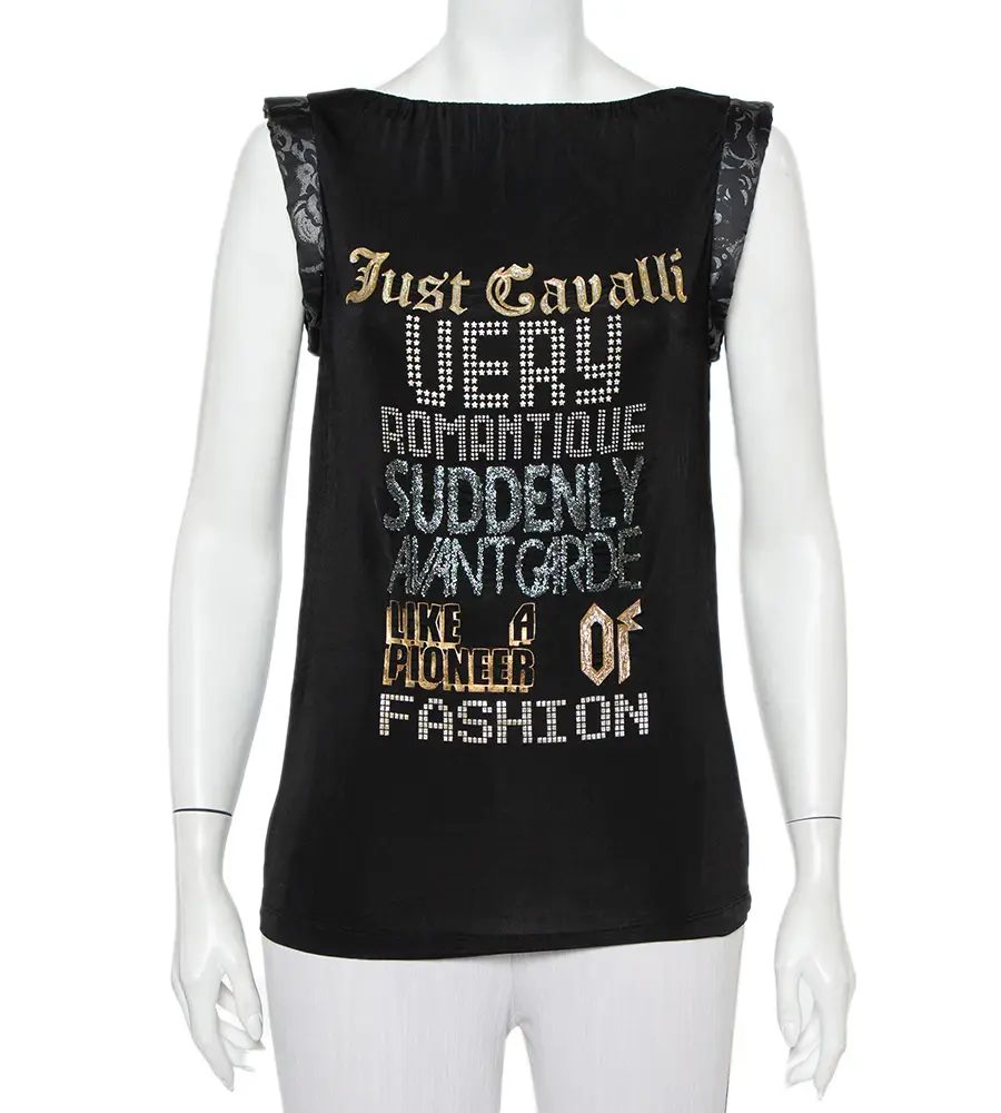 Just Cavalli Black Printed Jersey Puffed Armhole Detail T-Shirt S