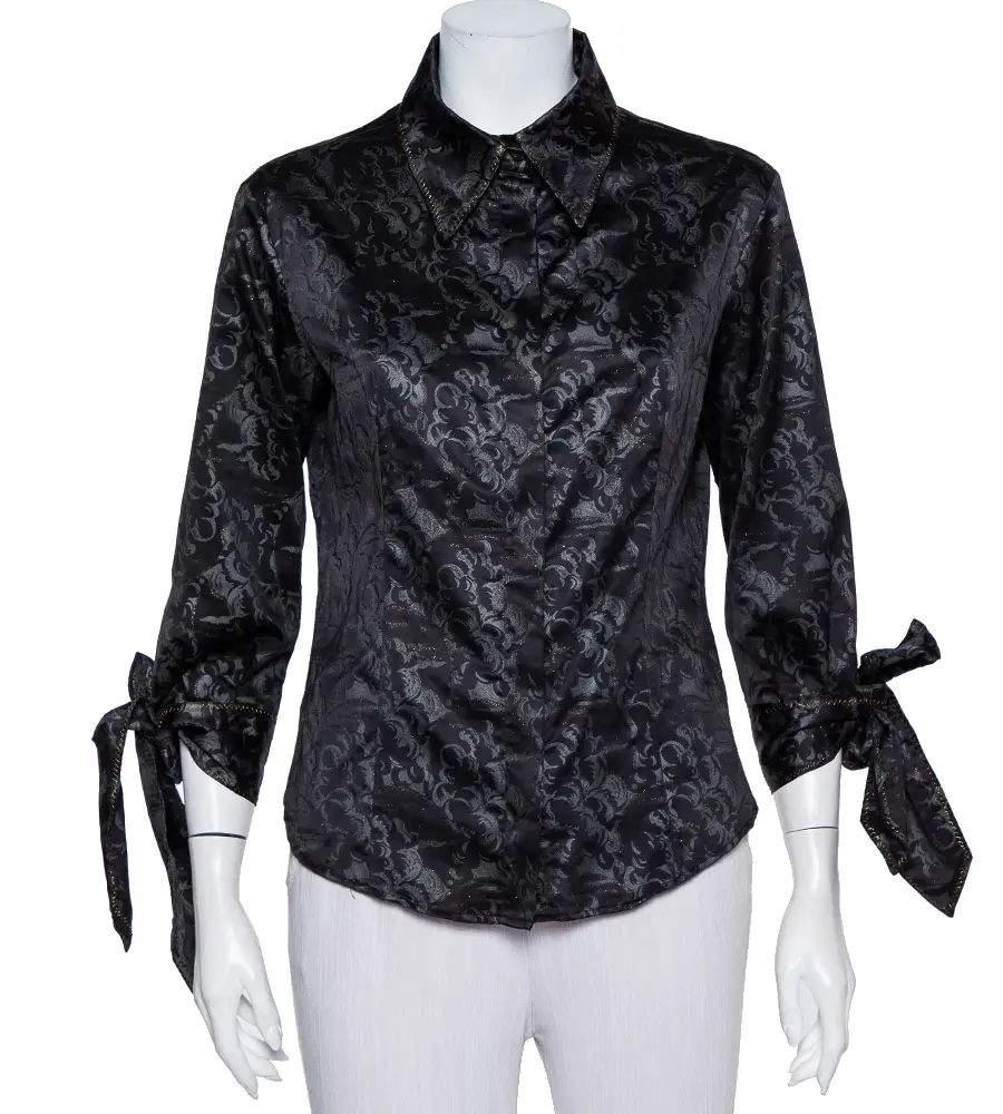 Just Cavalli Black Printed Satin Sleeve Tie Detail Shirt M