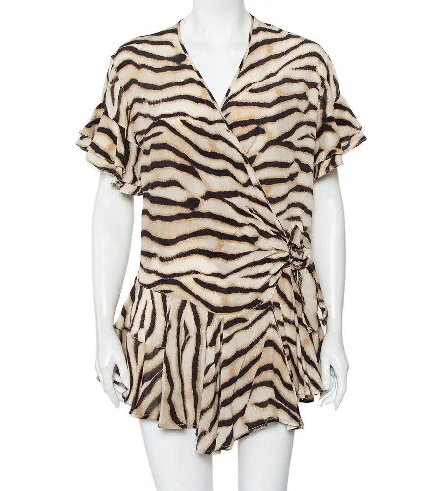 Just Cavalli Beige Animal Printed Silk Ruffled Mini Wrap Dress S