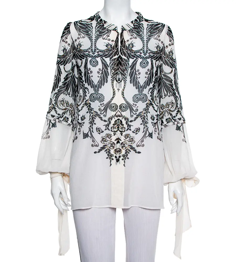 Just Cavalli Monochrome Printed Silk Sleeve Tie Detail Top M