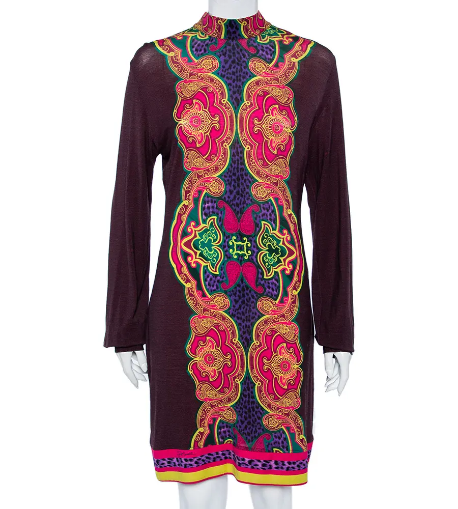 Just Cavalli Brown Printed Wool Knit Shift Dress L