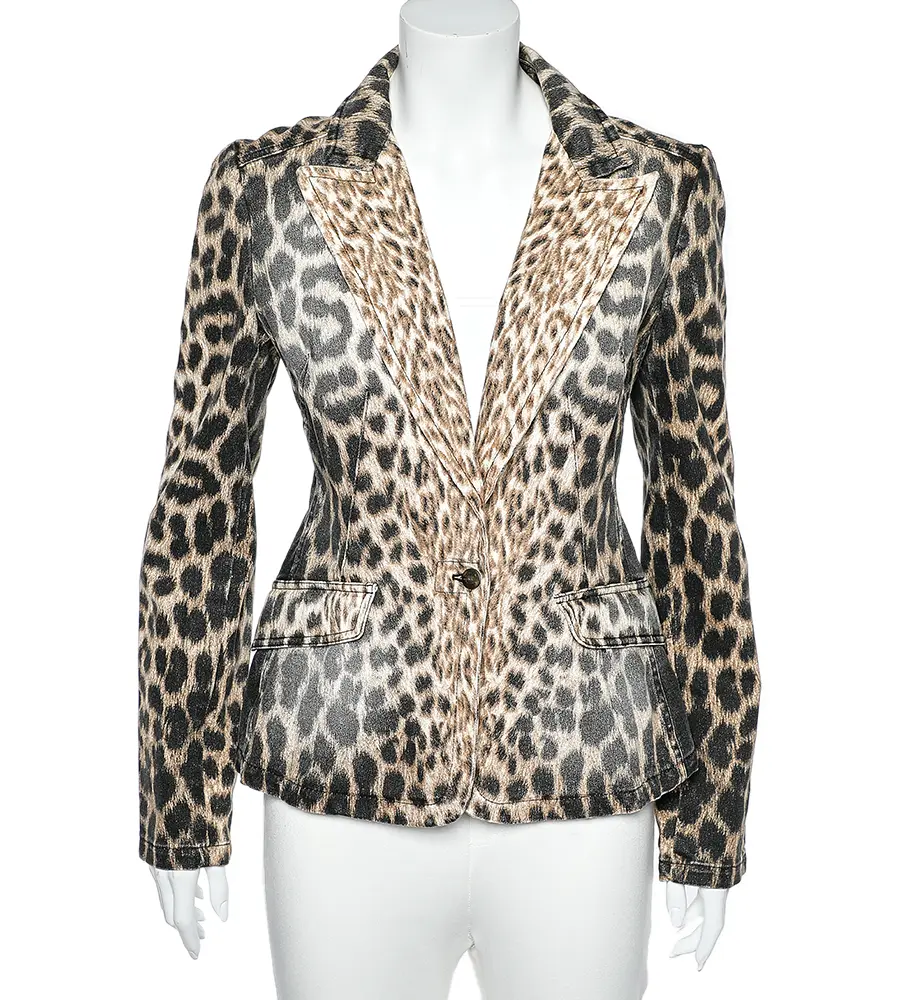 Just Cavalli Brown Animal Printed Denim Button Front Blazer S