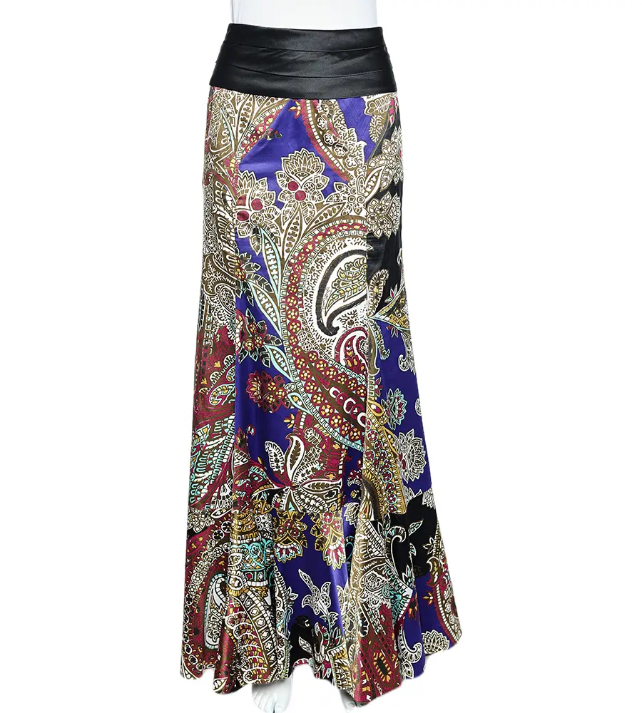 Just Cavalli Multicolor Printed Satin Ruffle Detail Maxi Skirt S