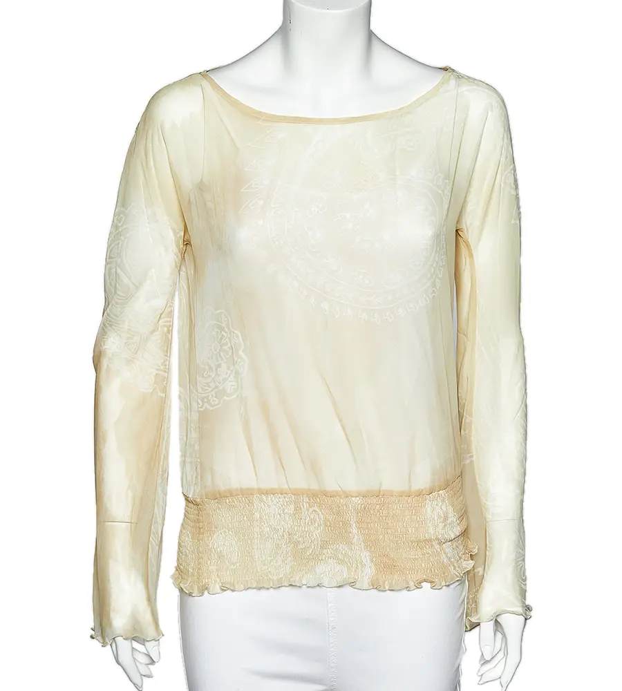Just Cavalli Pale Yellow Printed Crepe Elasticized Hem Blouse M