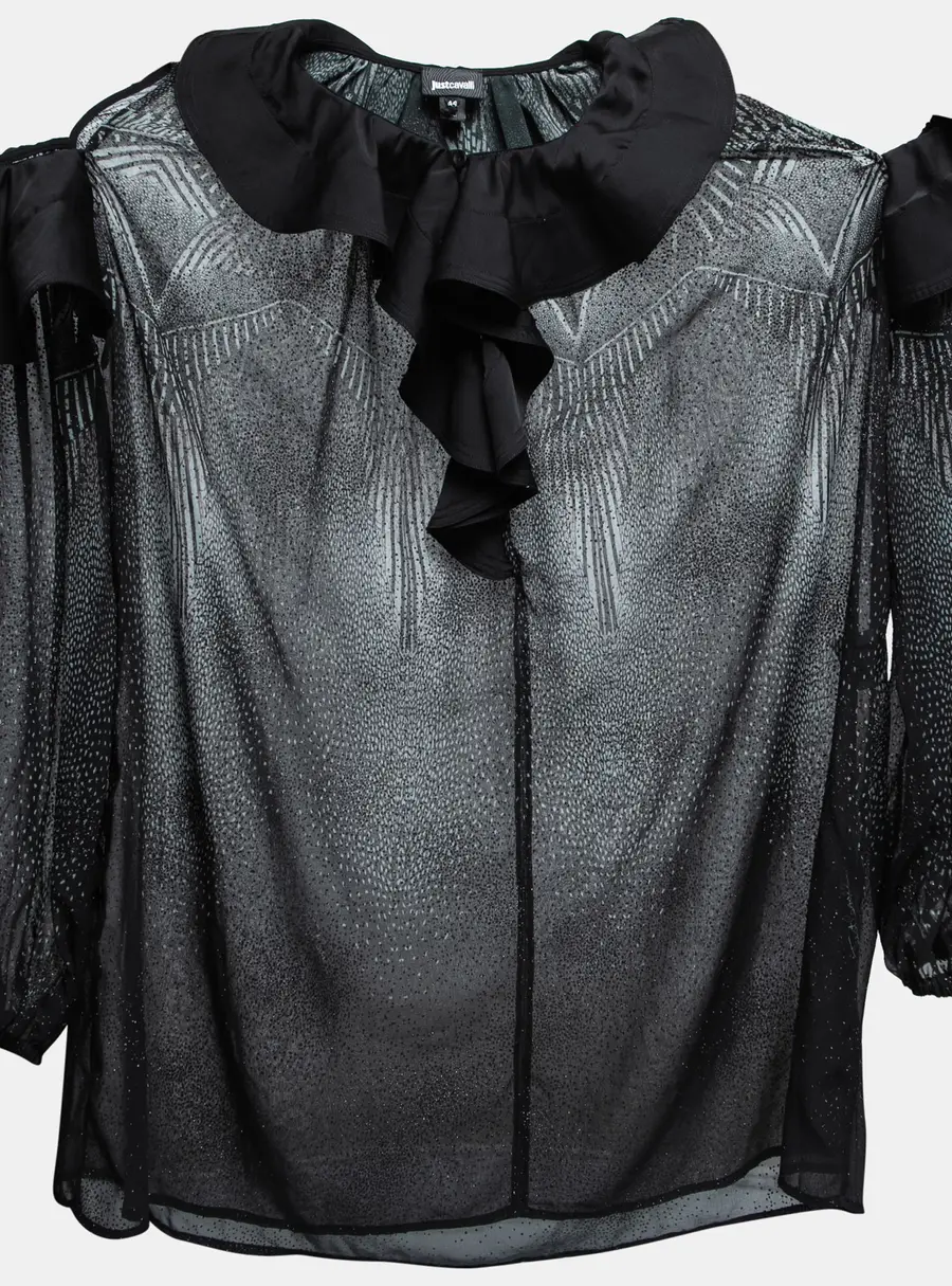 Just Cavalli Black Printed Chiffon Ruffle Trimmed Cold Shoulder Blouse M