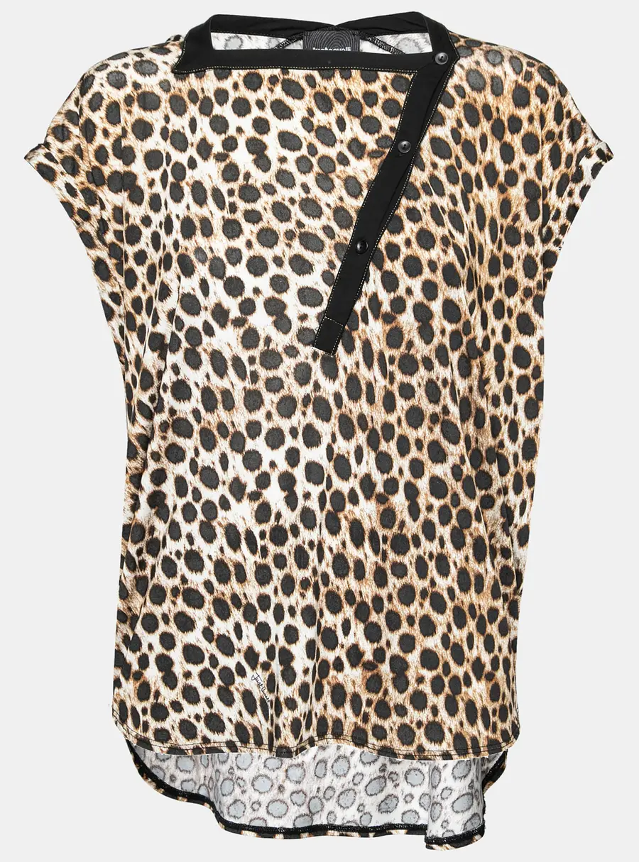 Just Cavalli Brown Leopard Printed Jersey Asymmetric Button Front Top XS