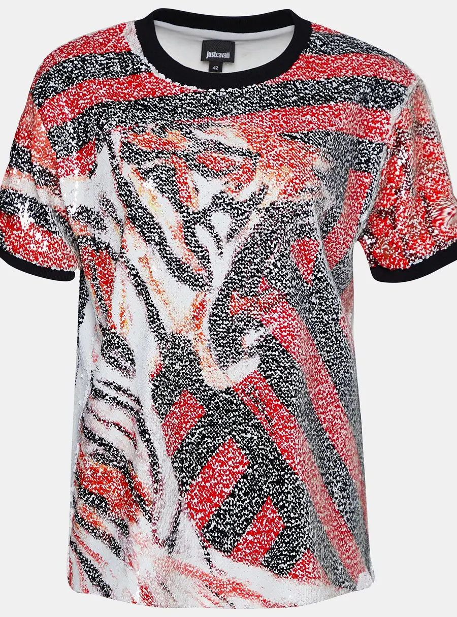 Roberto Cavalli Multicolor Animal Pattern Sequined Crew Neck Top M