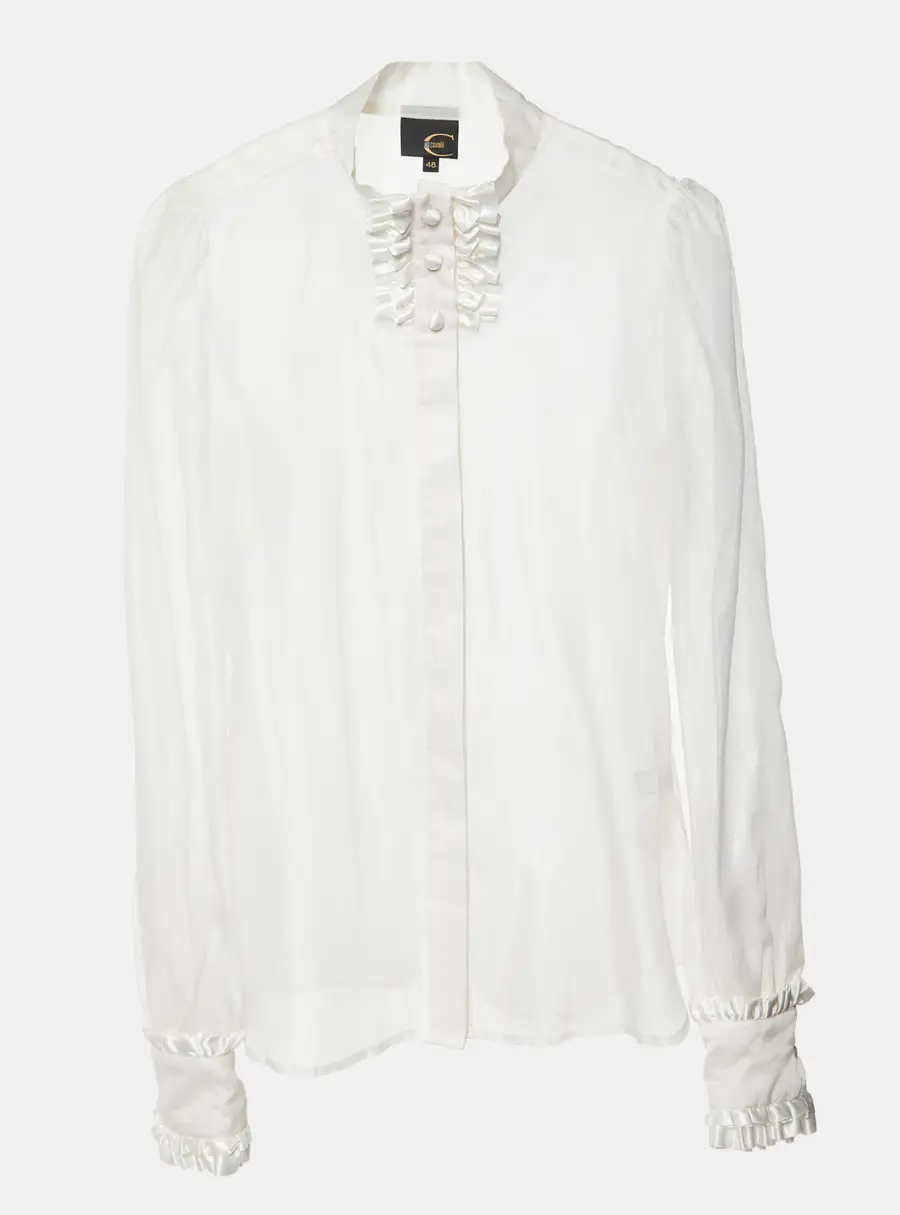 Just Cavalli White Silk Organza Ruffled Sheer Blouse L