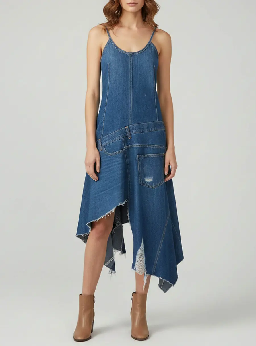 JW Anderson Blue Denim Distressed Asymmetric Dress S