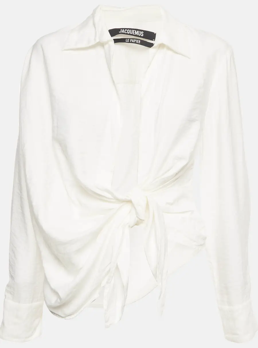 Jacquemus White Draped Plunge Neck Bahia Shirt S