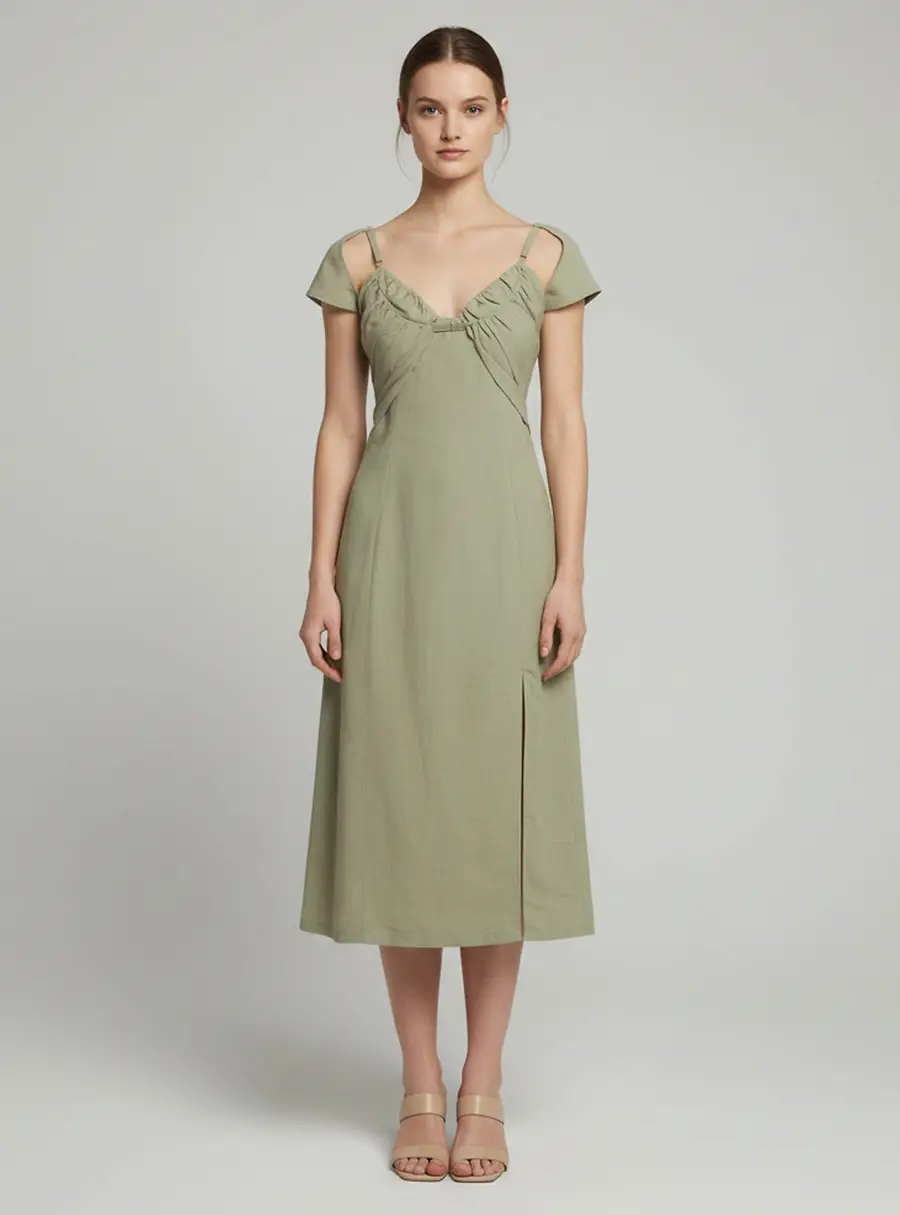 Jacquemus L'Amour Sage Green Ruched Linen Blend Tovallo Dress M