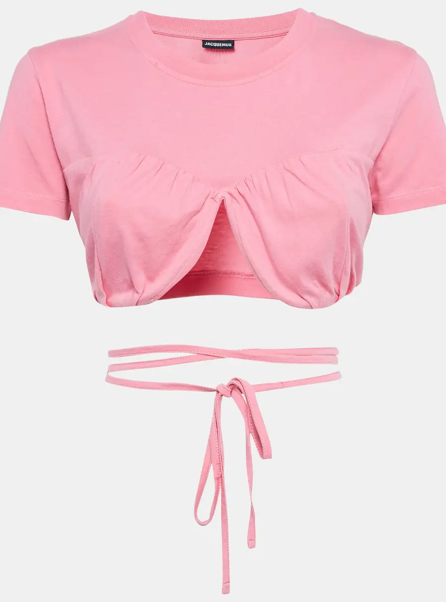 Jacquemus Pink Cotton Knit Underwired Lace-Up Baci Crop Top XS