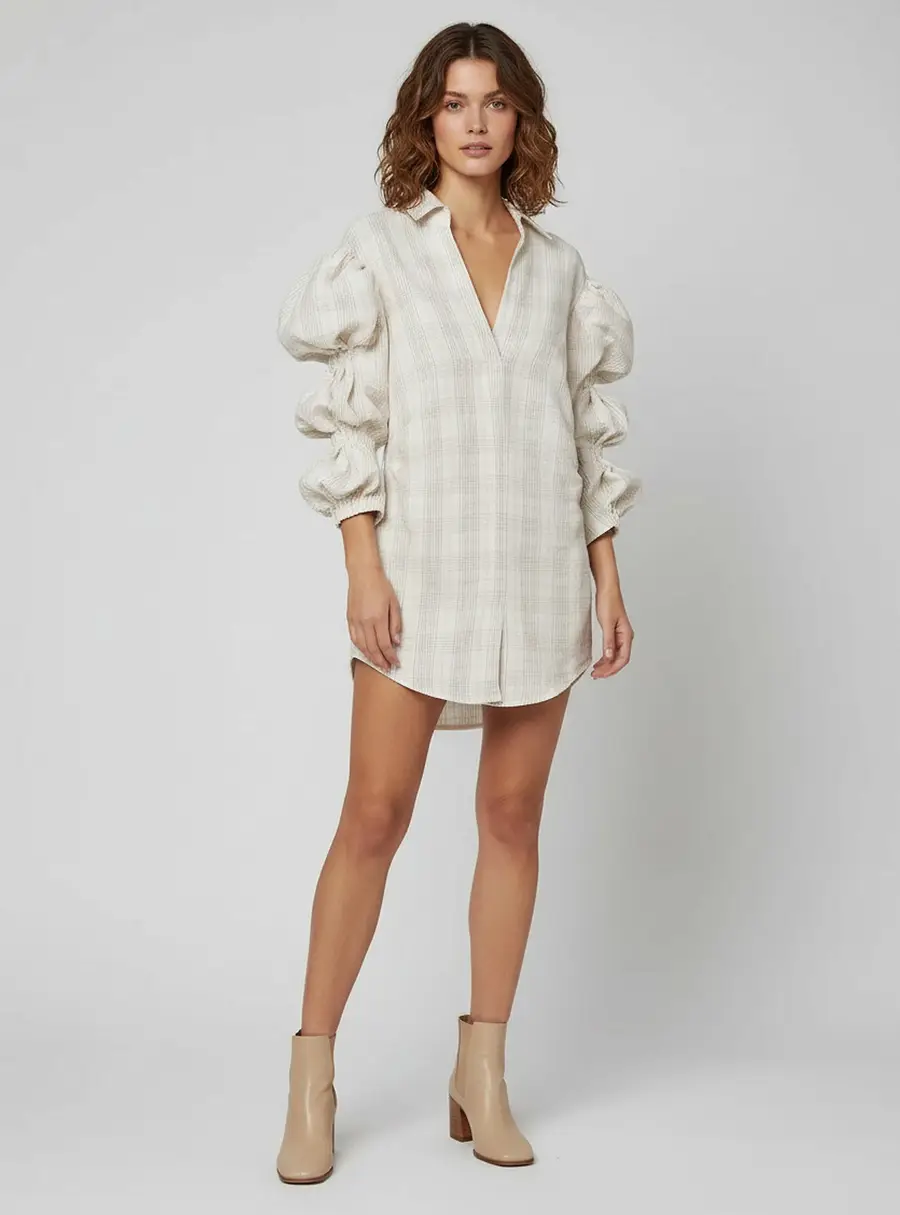Jacquemus Cream Plaid Print Linen Blend La Robe Santon Mini Shirt Dress S