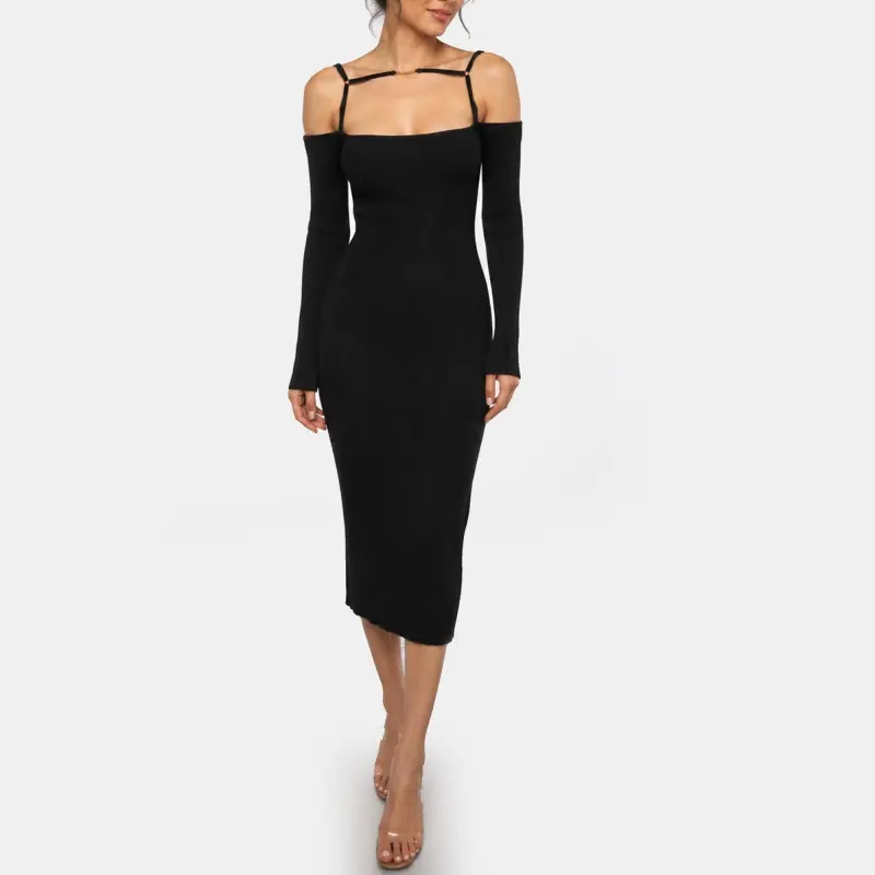Jacquemus Black Rib Knit Off Shoulder La Robe Sierra Midi Dress L