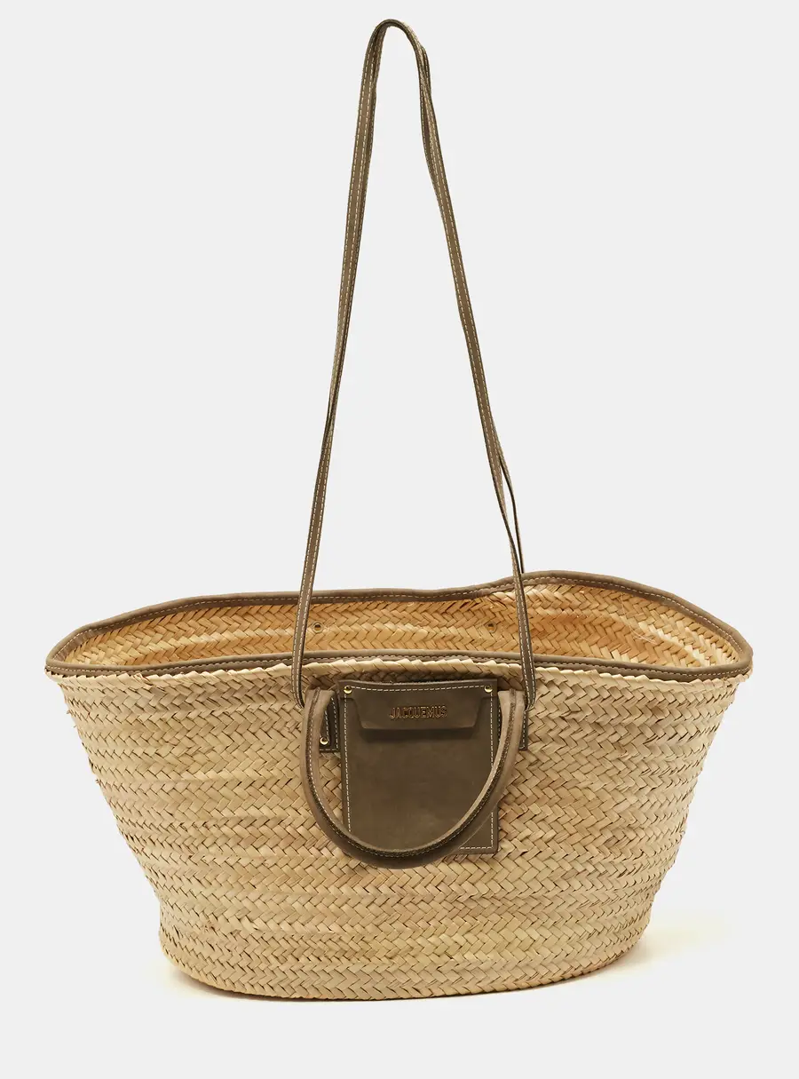 Jacquemus Green/Cream Woven Raffia and Nubuck Leather Le Panier Soleil Tote