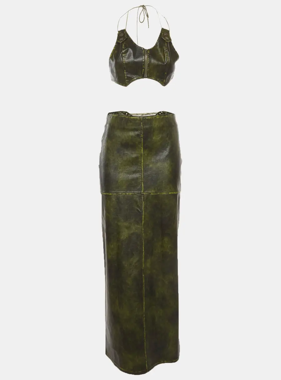 Jaded London Green Faux Leather Lace Up Maxi Skirt and Top Set M