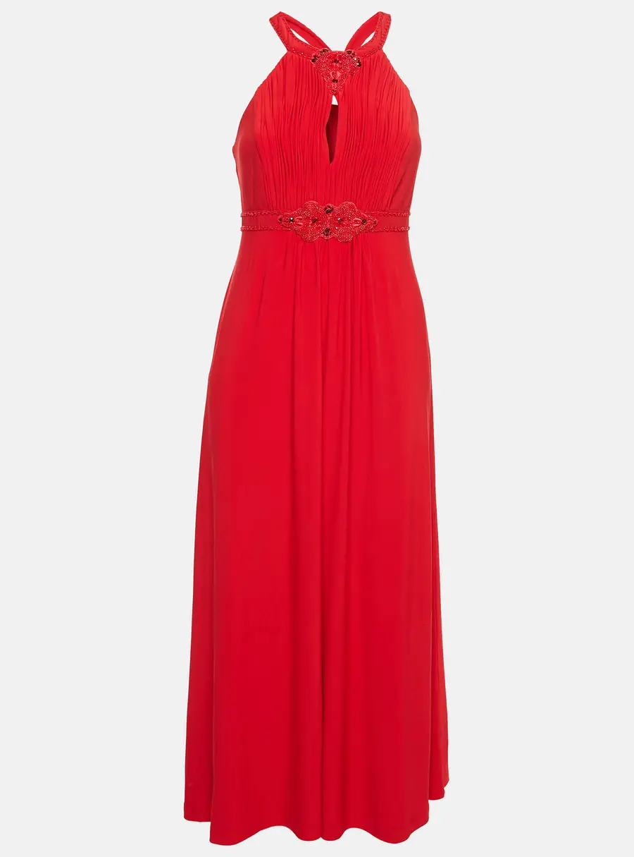 Jenny Packham Red Beaded Jersey Halter Neck Maxi Dress L