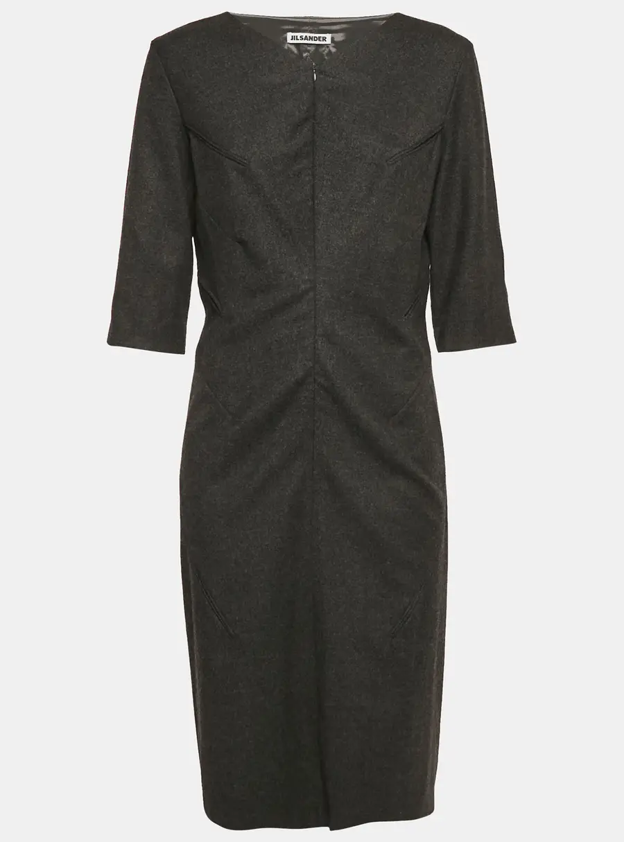 Jil Sander Grey Wool V-Neck Sheath Dress L