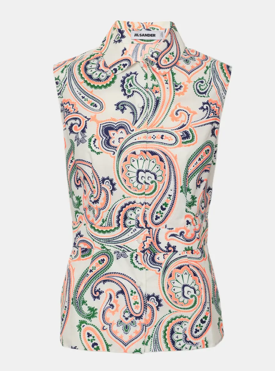 Jil Sander White Multicolor Printed Cotton Sleeveless Top S