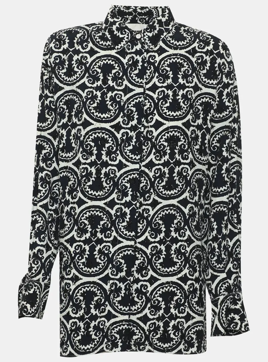Jil Sander Navy Blue/White Paisley Print Distressed Poplin Long Sleeve Blouse S