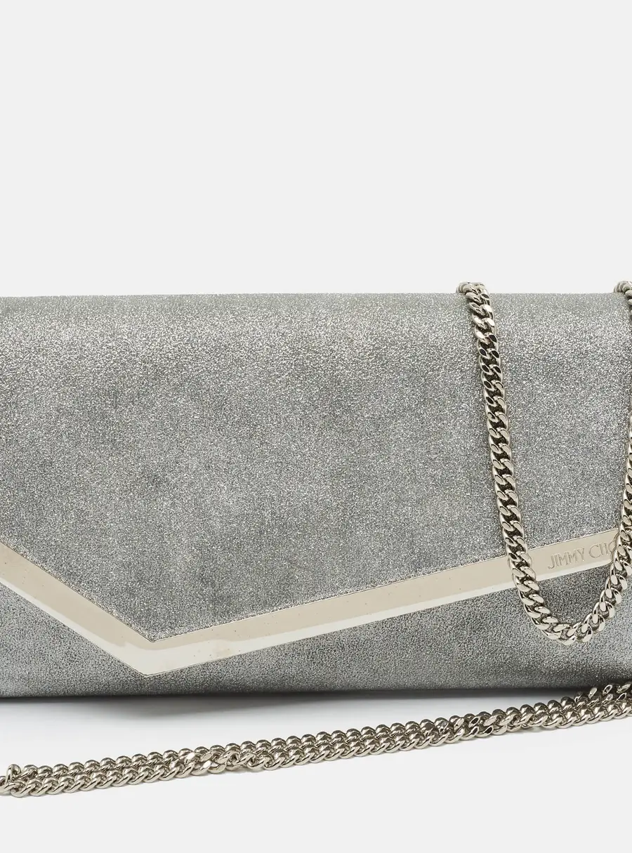 Jimmy Choo Emmie Silver Glitter Leather Chain Clutch