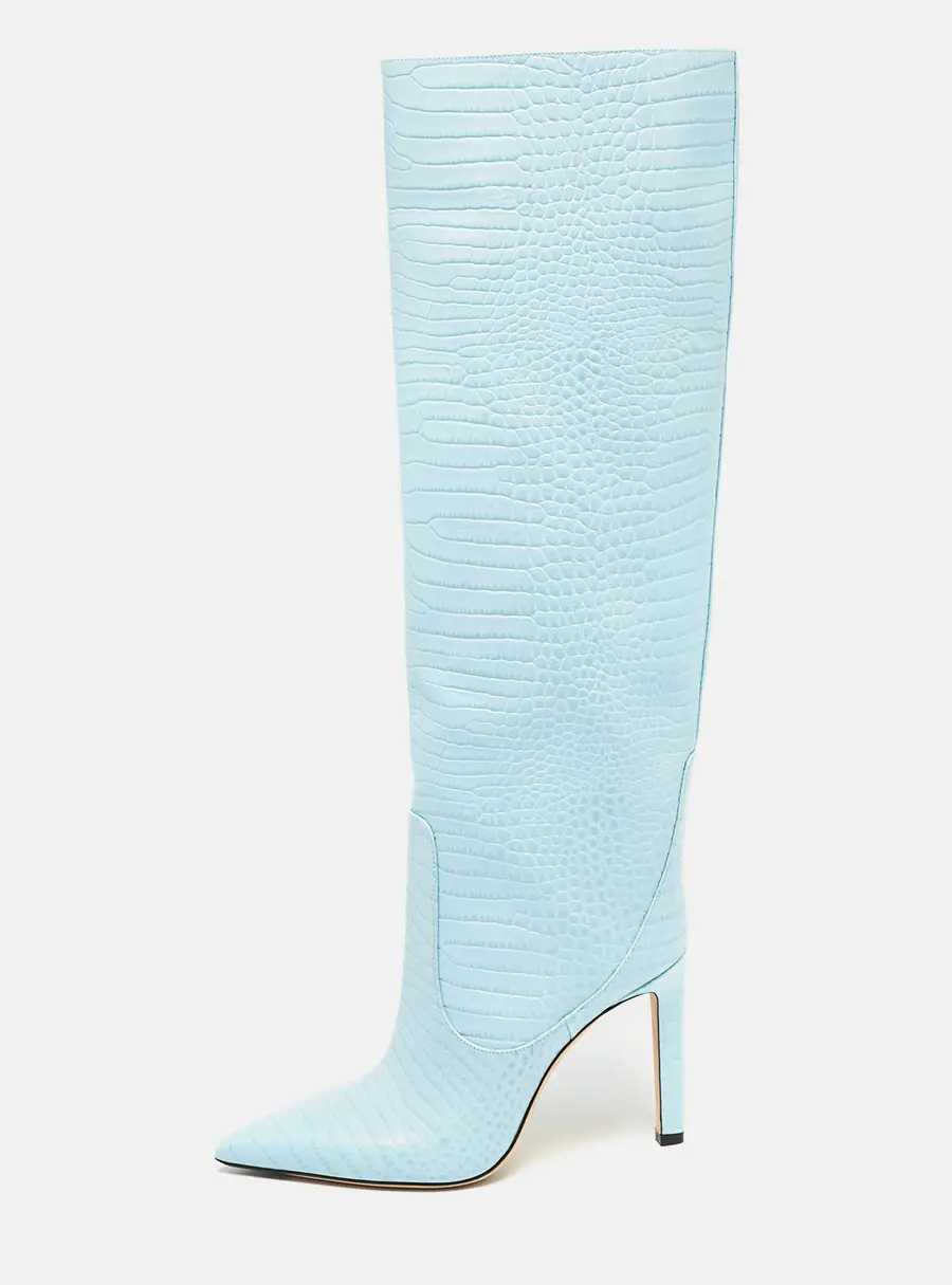 Jimmy Choo Blue Croc Embossed Leather Knee Length Boots Size 39