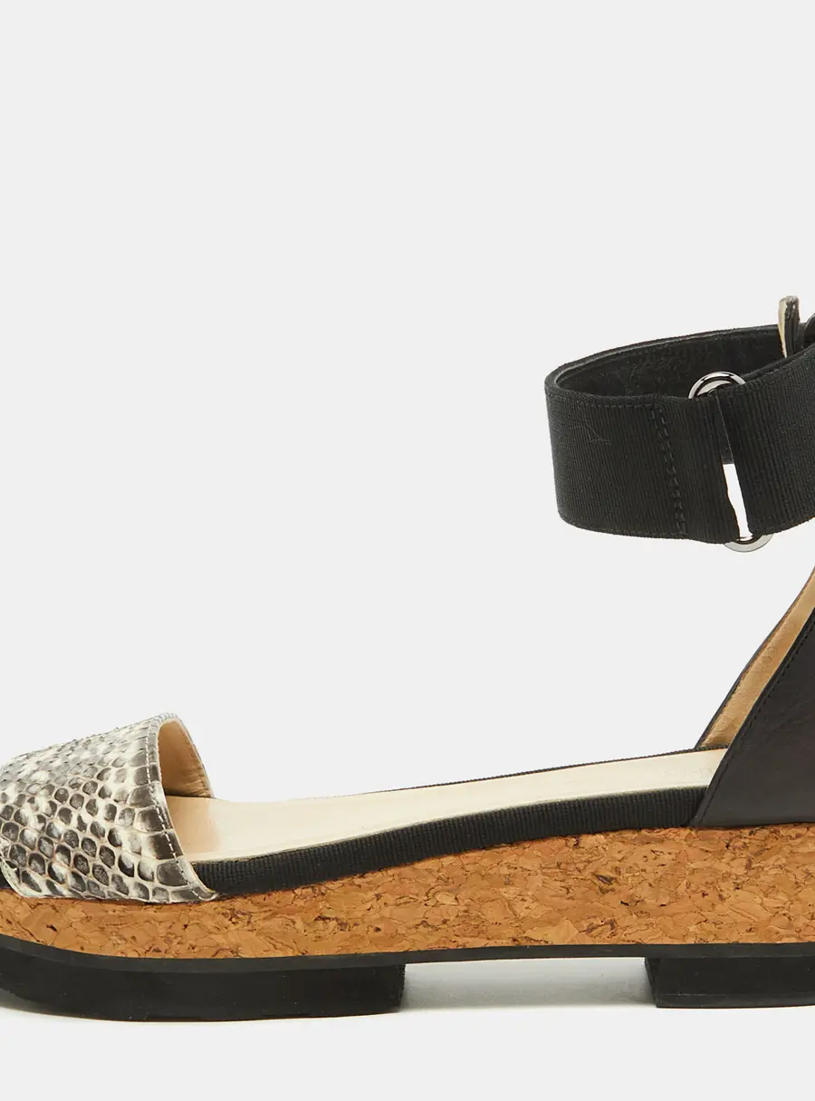 Jimmy Choo Black Snakeskin and Stretch Band Neat Ankle Strap Sandals Size 37.5