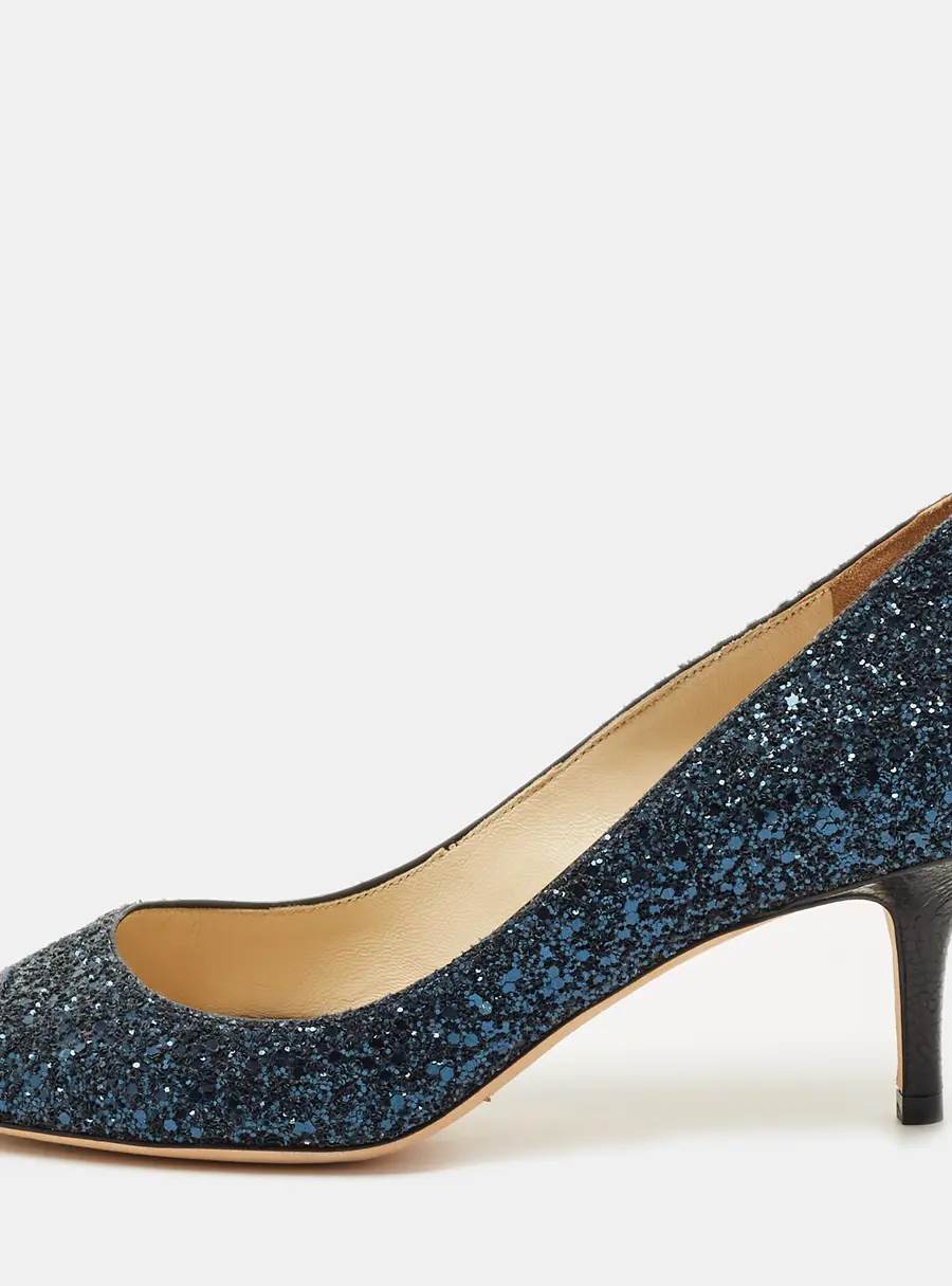 Jimmy Choo Isabel Size 36 Navy Blue Glitter and Leather Peep Toe Pumps