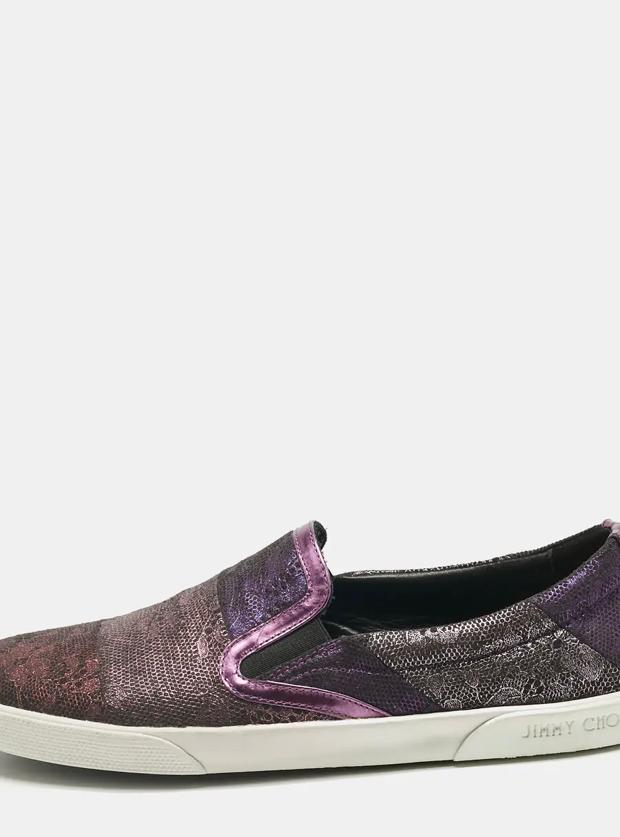 Jimmy Choo Metallic Purple Lace Print Suede Demi Sneakers Size 35