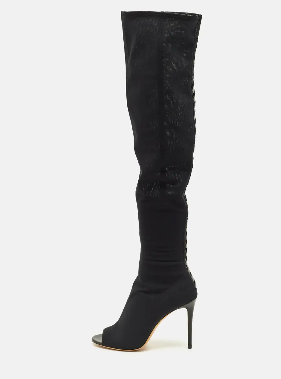 Jimmy Choo Size 39 Black Leather and Mesh Open Toe Over The Knee Boots