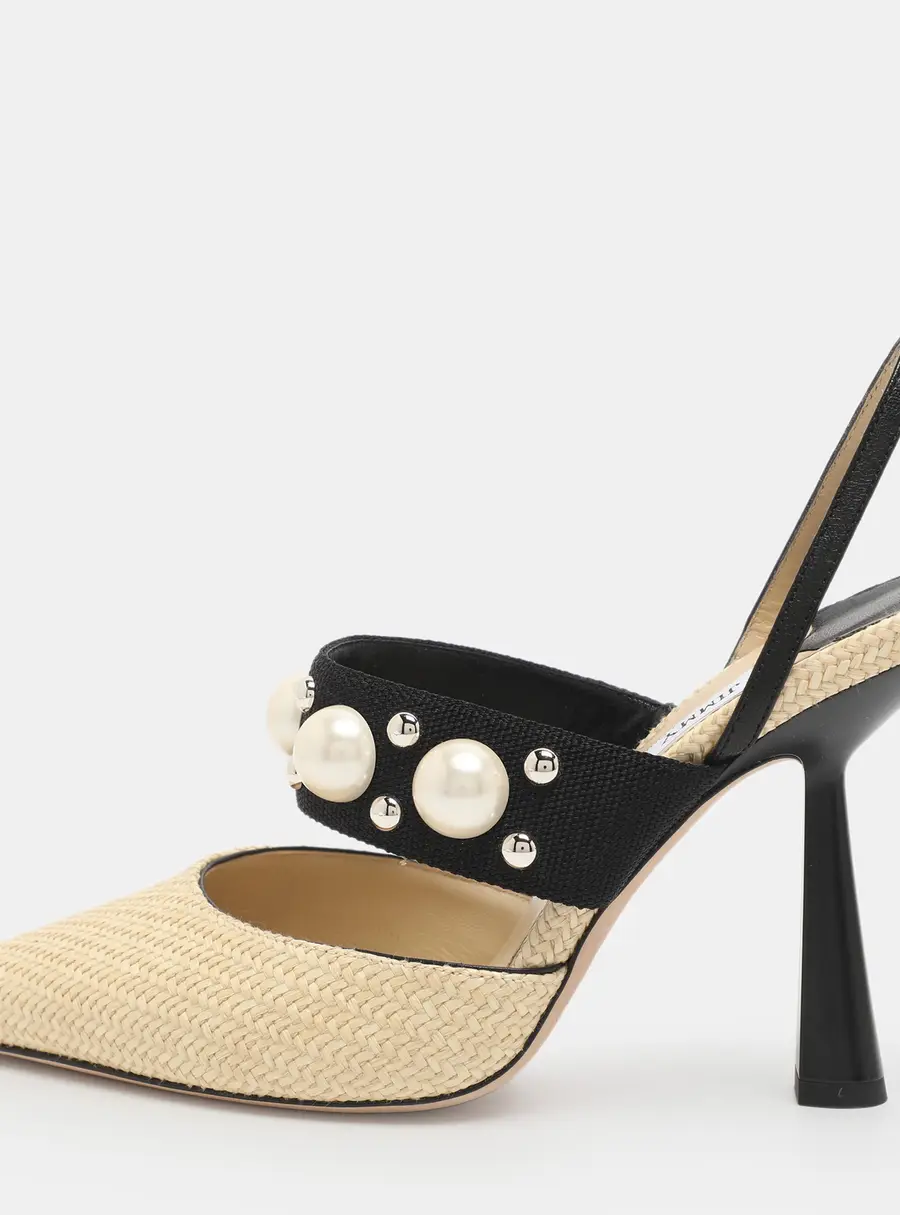 Jimmy Choo Breslin Size 40 Beige/Black Balistic Nylon and Raffia Pumps