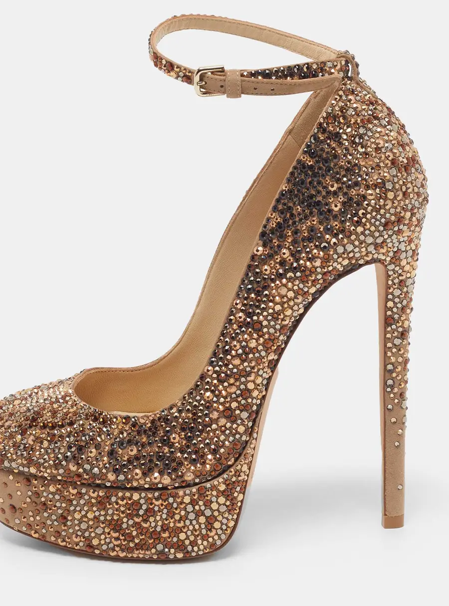 Jimmy Choo Size 37 Gold Suede Crystal Embellished Ankle Strap Pumps