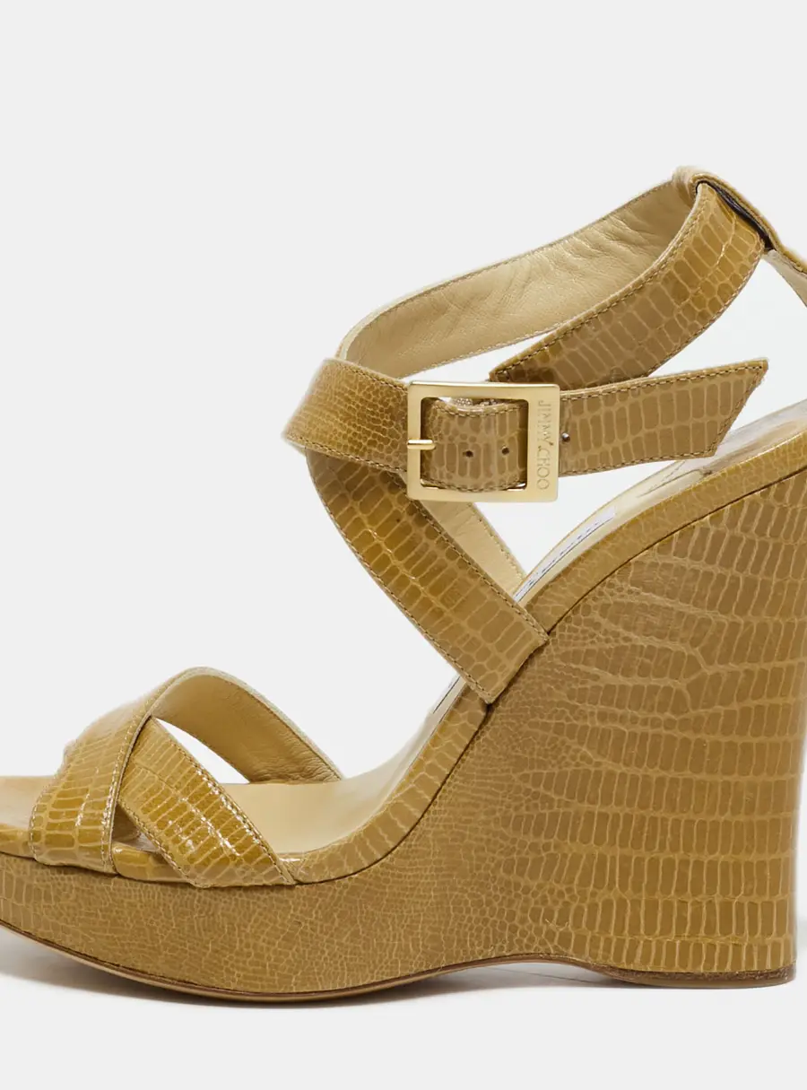 Jimmy Choo Lucia Size 35 Brown Lizard Embossed Leather Wedge Sandals