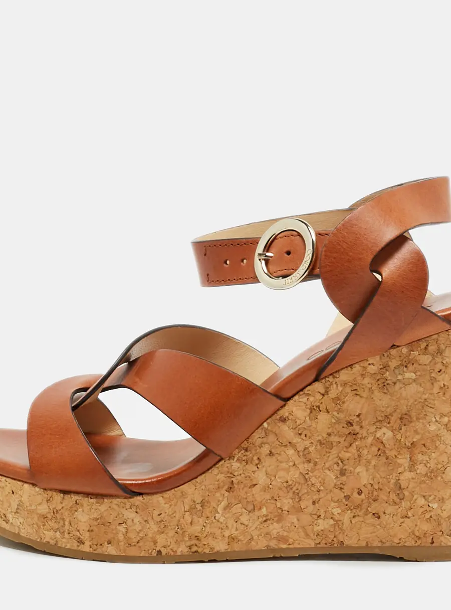 Jimmy Choo Aleili Size 39 Brown Leather Cork Ankle Strap Wedge Sandals