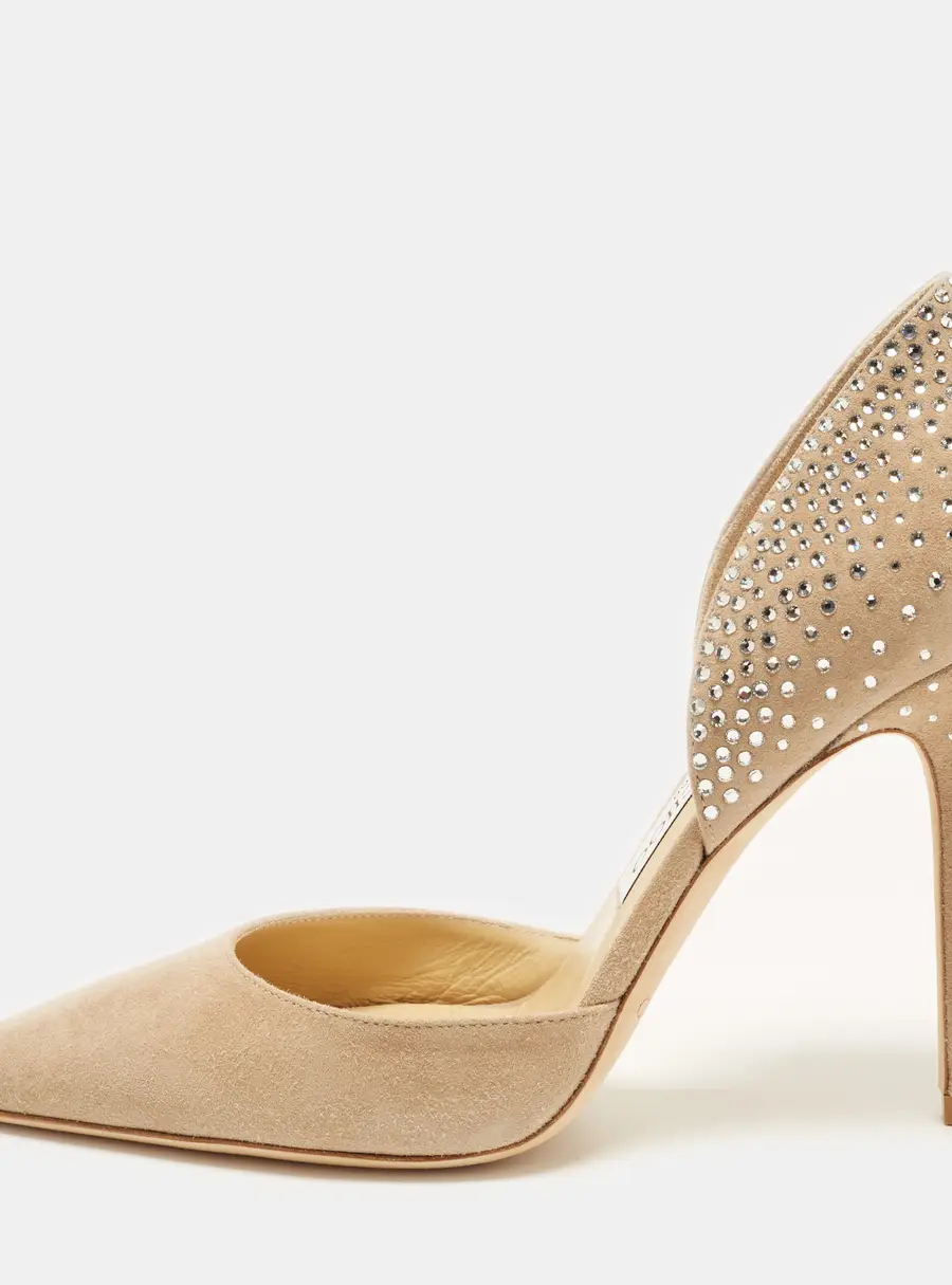 Jimmy Choo Amya Size 38 Beige Suede Crystal Embellished D'orsay Pumps