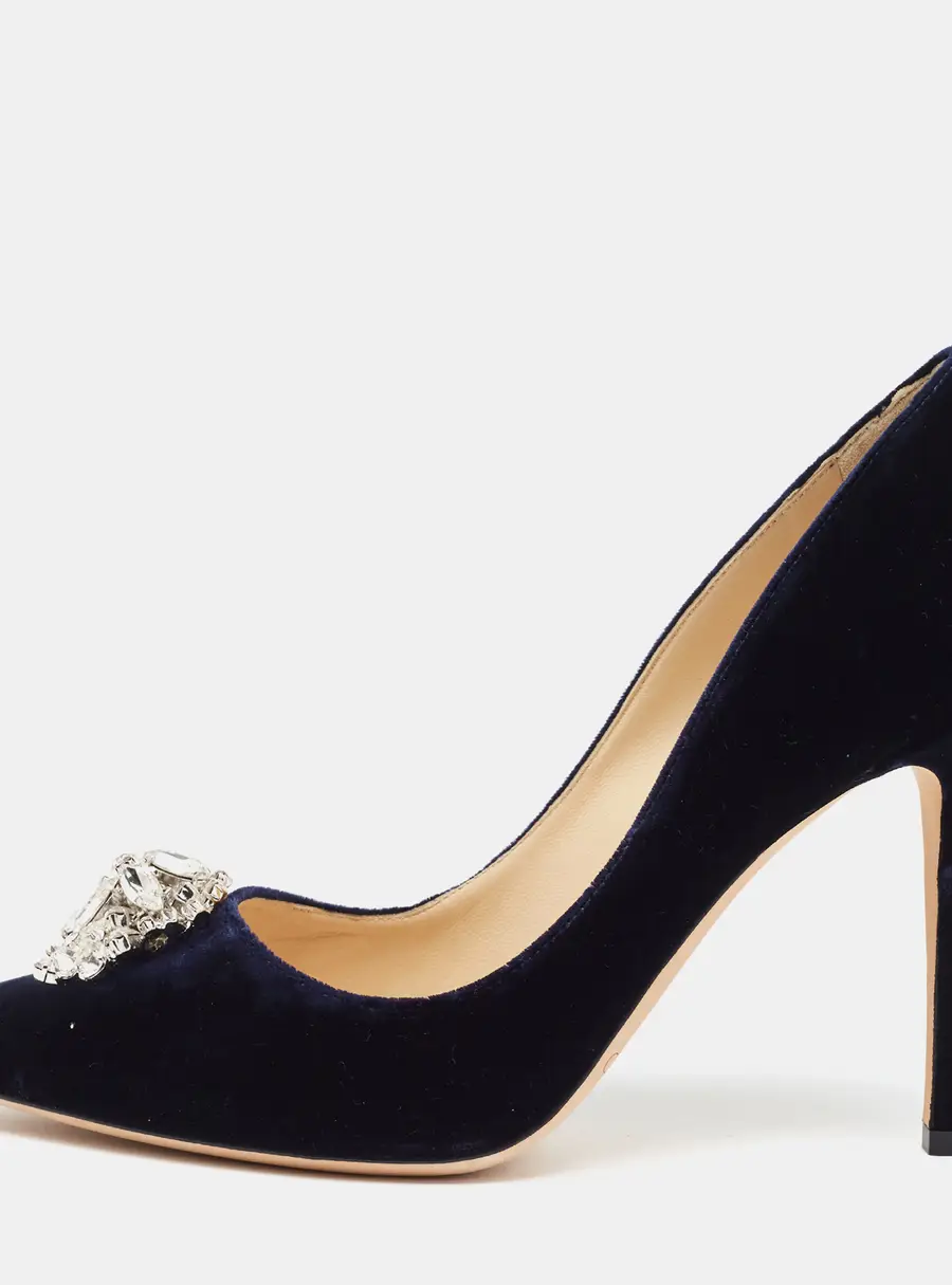 Jimmy Choo Manda Size 41 Navy Blue Velvet Crystal Embellished Pumps