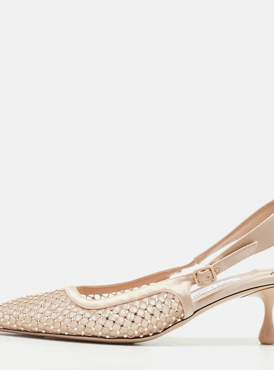 Jimmy Choo Amely Size 38 Pink Mesh and Satin Crystal Embellished Slingback Pumps