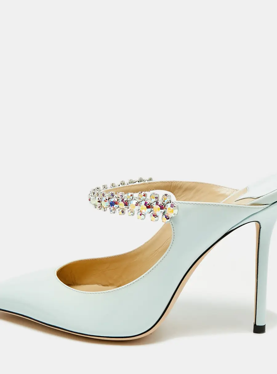 Jimmy Choo Bing 100 Size 39 Blue Patent Leather Crystal Embellished Mules