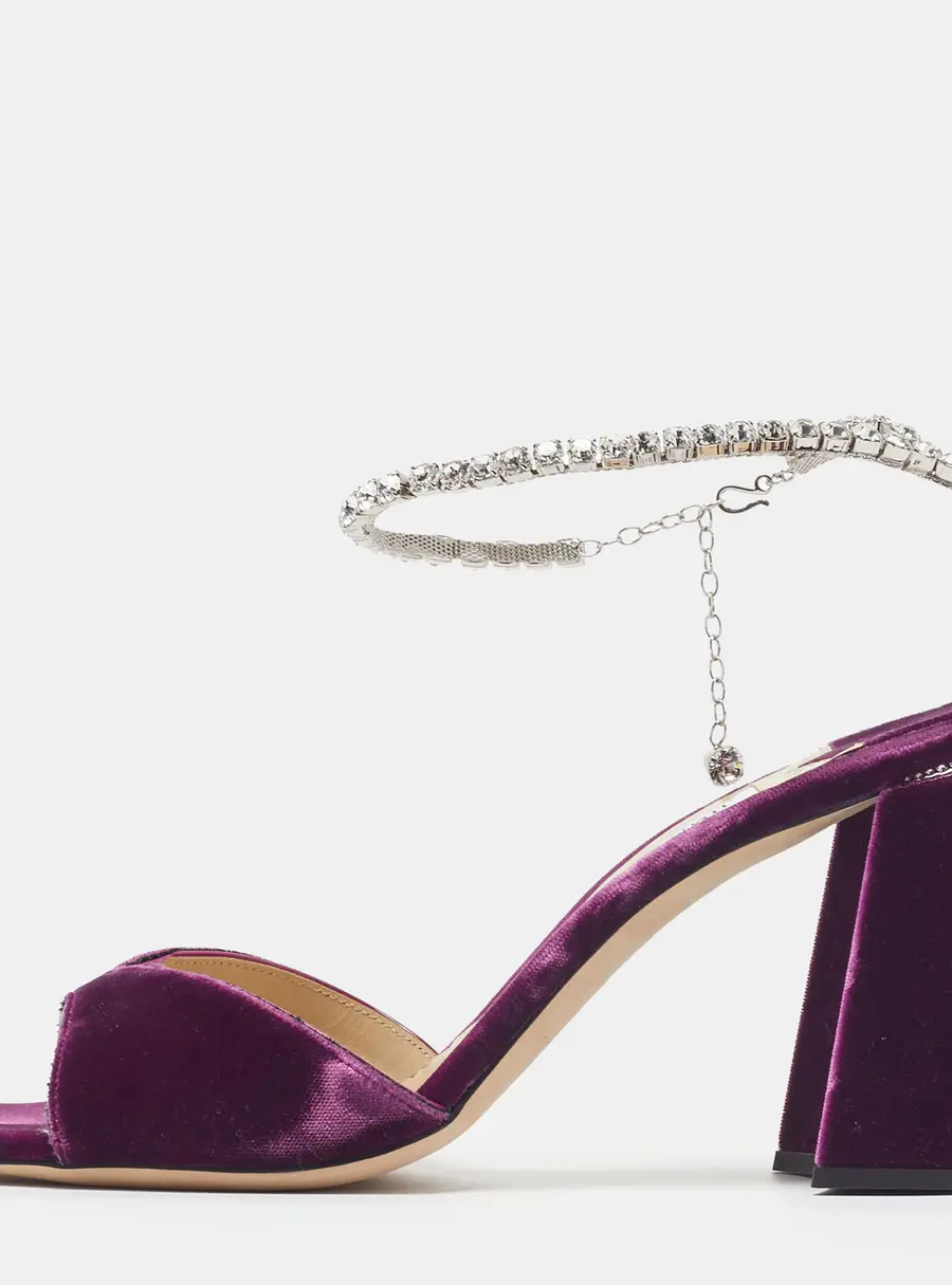 Jimmy Choo Saeda 85 Size 41.5 Purple Velvet Crystal-Embellished Ankle Strap Sandals
