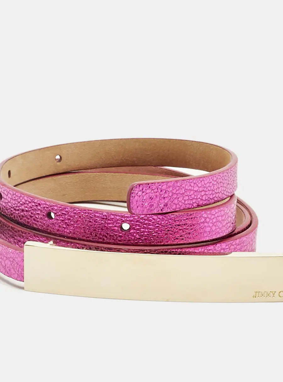 Jimmy Choo Metallic Pink Leather Metal Logo Waist Slim Belt 85CM